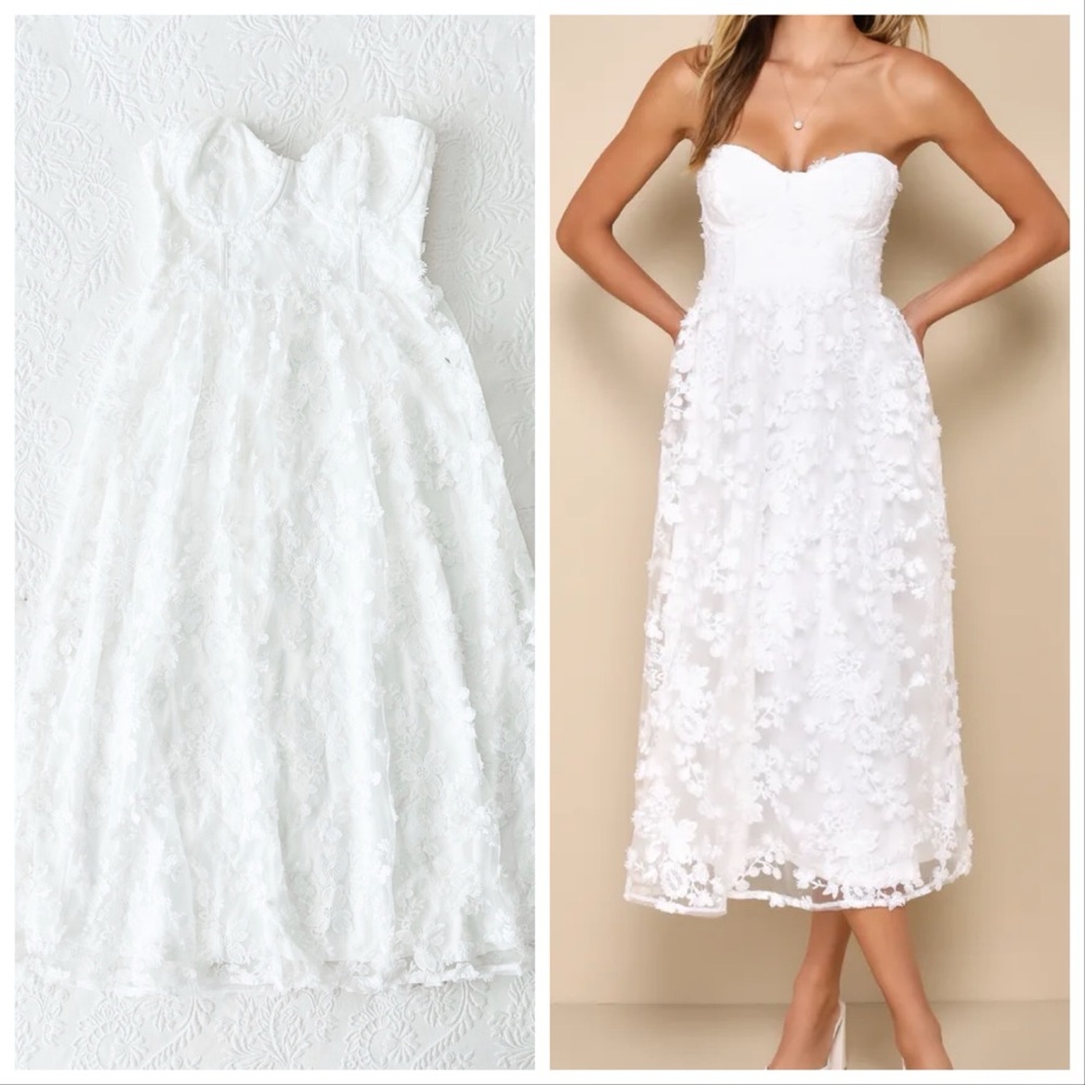 NWOT Lulus Quite Perfect White Floral Embroidered Strapless Midi Dress Small